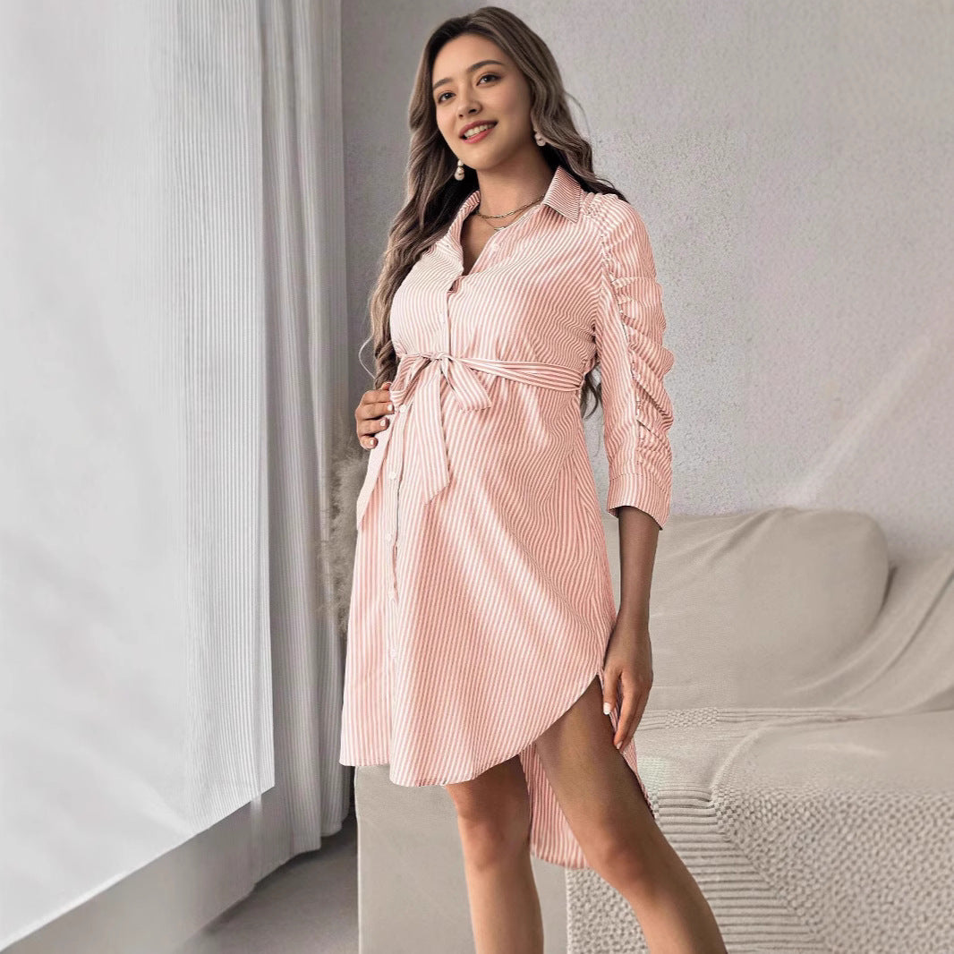 Women's Striped Lapel Button Casual Maternity Wear